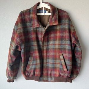 Pendleton vintage brown red autumn plaid 100% wool bomber chore coat Men’s XL